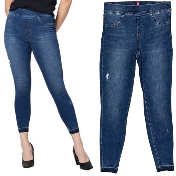 Spanx Distressed Ankle Skinny Jeans in Medium Wash Denim Women’s Size M - Picture 2 of 15